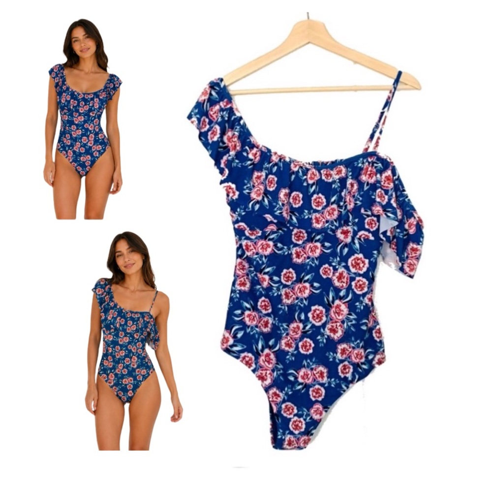 One Piece Swimsuit Blue Floral 1 Shoulder or 2, Size Large Cheeky by Raisins